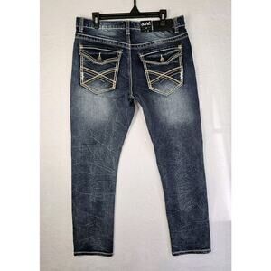 True Luck Jeans Slim Fit Men's Sz 34x30‎ Medium Wash Embroided Flap Pockets Nwt.